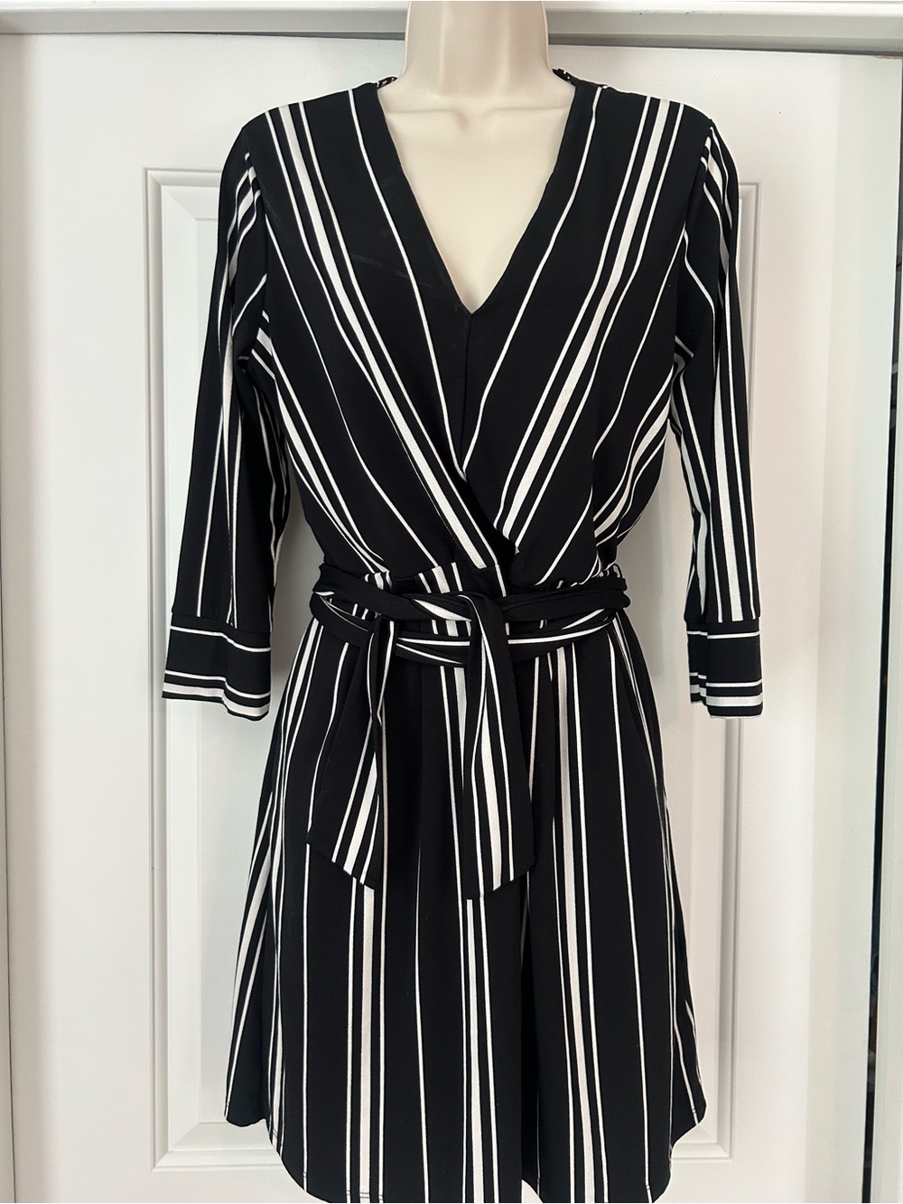 H&M Black and White Vertical Stripe Wrap Dress with Tie
